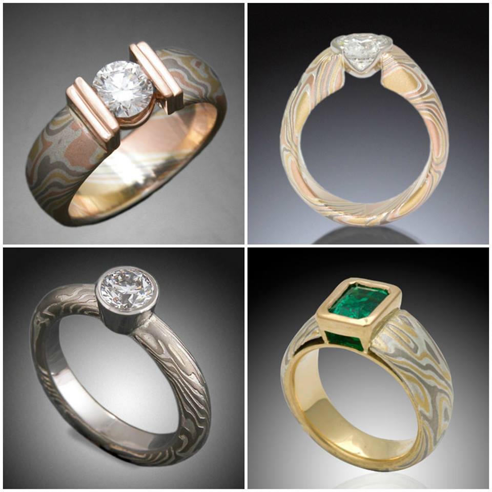 unique mokume tension set emerald diamond engagement ring
